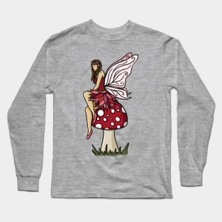 Fairy on a Mushroom Cute Pink Illustration Long Sleeve T-Shirt